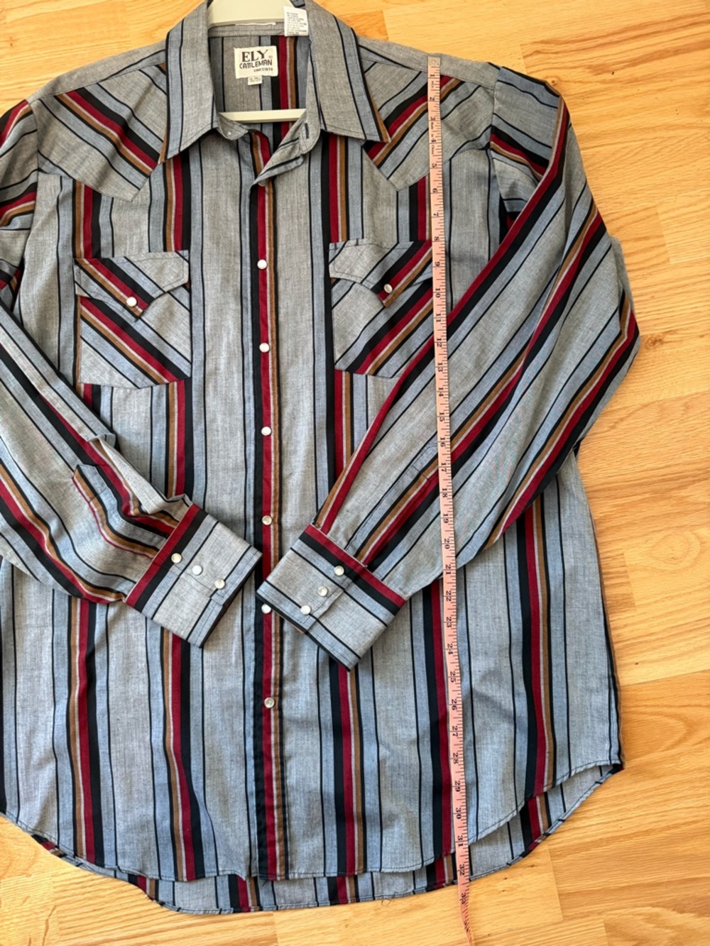 ELY Cattleman Western Shirt Men XL Tall Pearl Snap Striped Gray Red Vintage - Picture 9 of 14